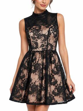 City Studio Cocktail Dress Black Lace Overlay Mini Size 7